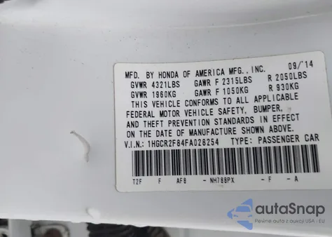 2015 Honda Accord Ex-L из США, поврежденный, VIN 1HGCR2F84FA028254